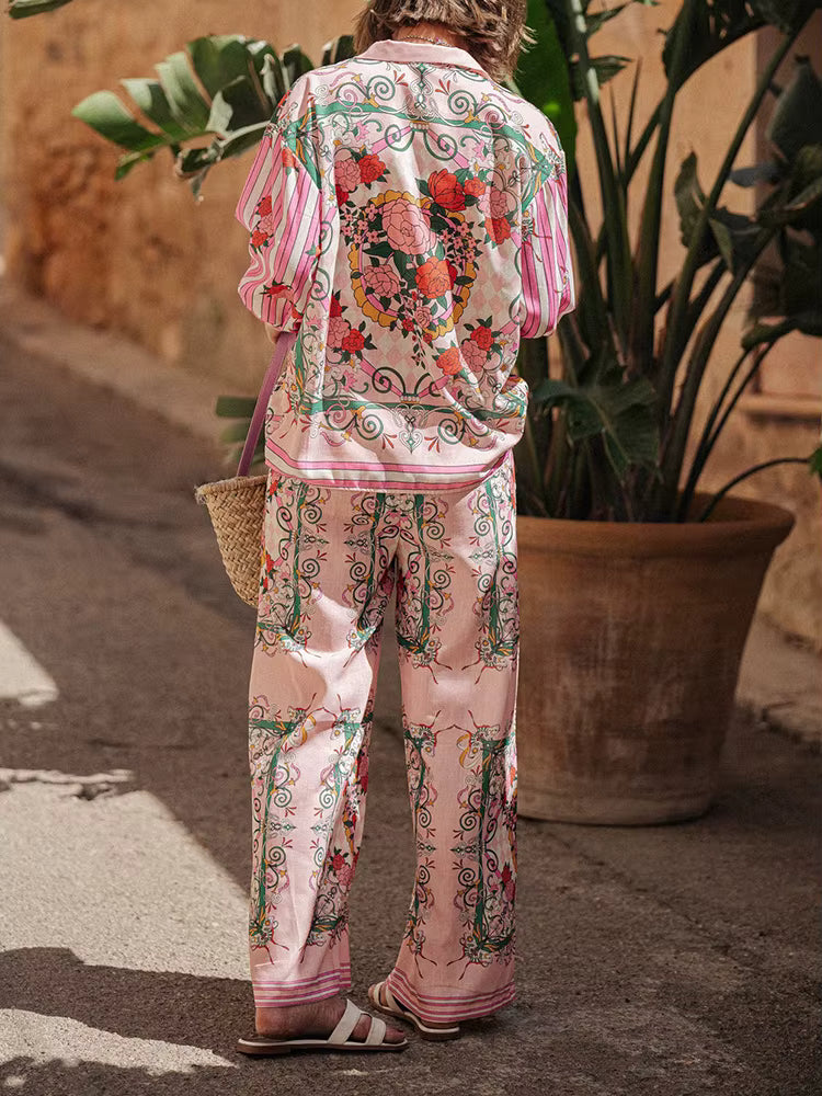 Casual Printing Turn-Down Collar Cardigan Top Wide Leg Pants Loose Two Pieces Sets