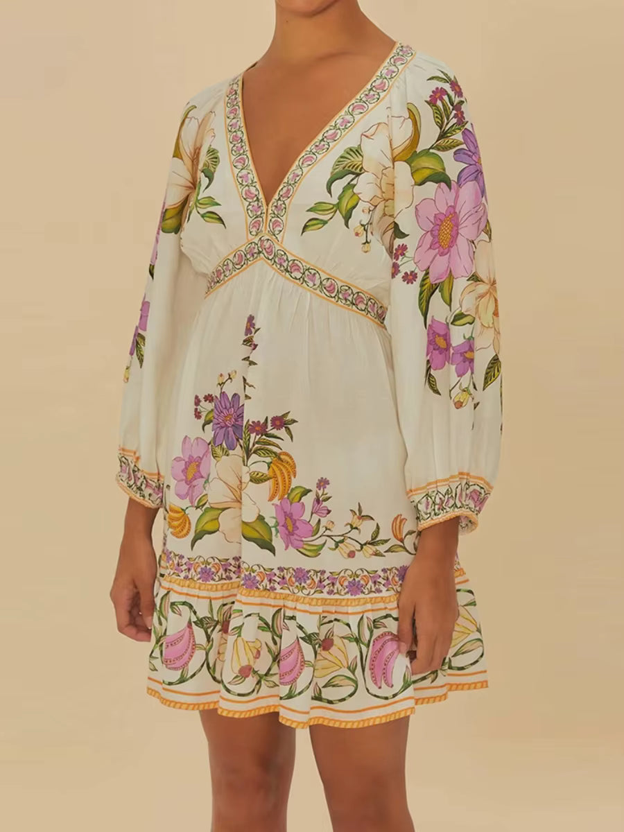 Casual Printing V-Neck Long Sleeve With Lace Up High Waist Patchwork Folds Mini Dress