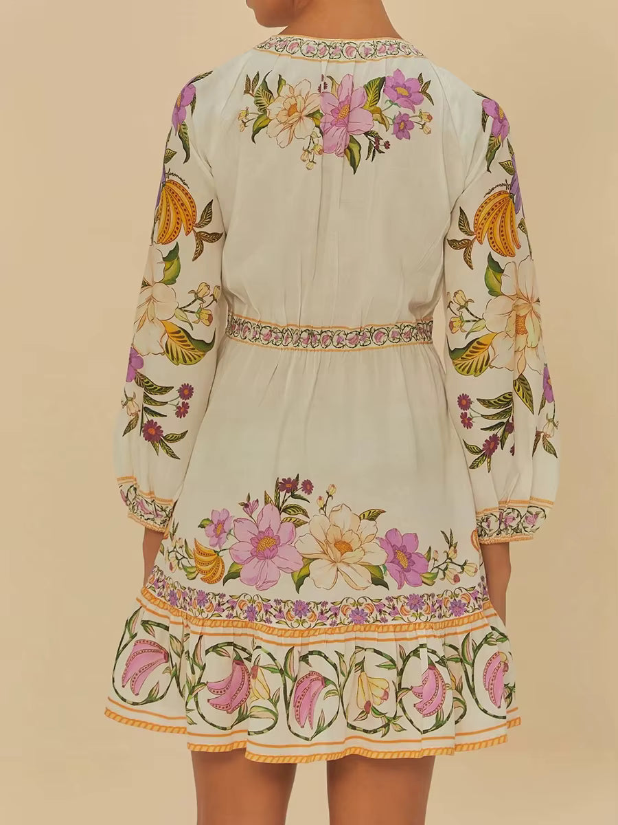 Casual Printing V-Neck Long Sleeve With Lace Up High Waist Patchwork Folds Mini Dress
