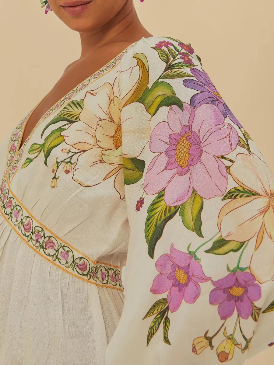 Casual Printing V-Neck Long Sleeve With Lace Up High Waist Patchwork Folds Mini Dress