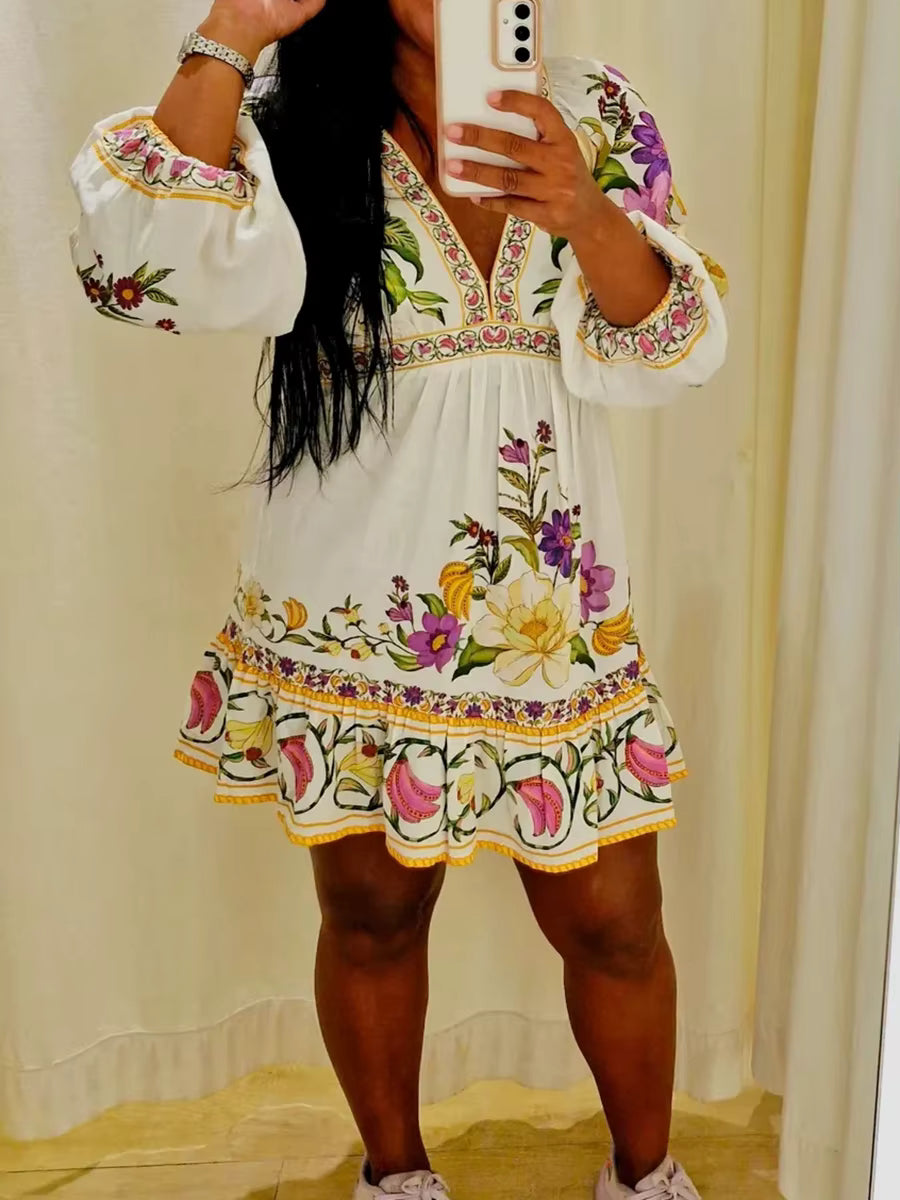 Casual Printing V-Neck Long Sleeve With Lace Up High Waist Patchwork Folds Mini Dress