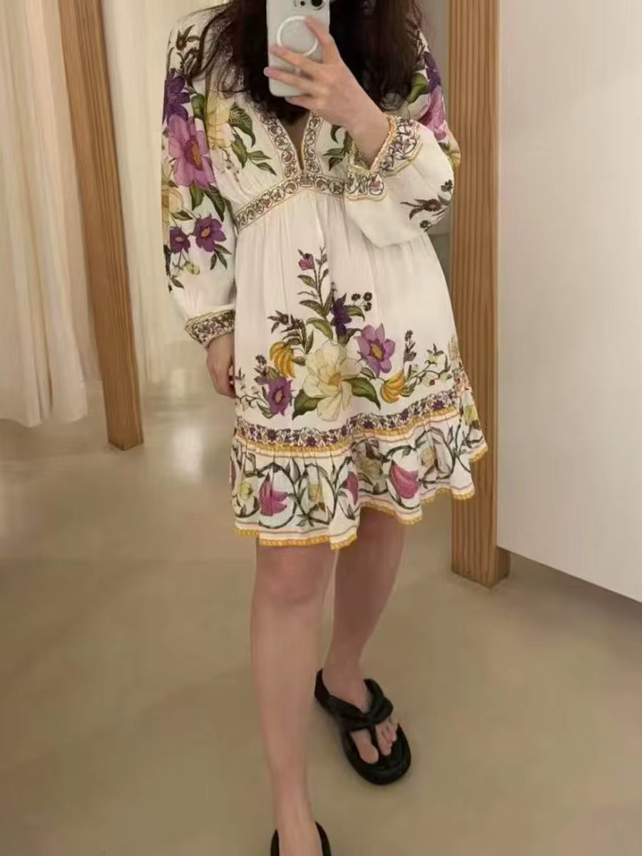 Casual Printing V-Neck Long Sleeve With Lace Up High Waist Patchwork Folds Mini Dress