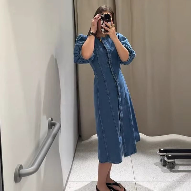 Casual Puff Short Sleeve O-neck Covered Button Fit A-line Midi Dress