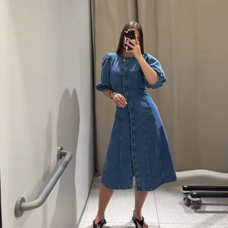 Casual Puff Short Sleeve O-neck Covered Button Fit A-line Midi Dress