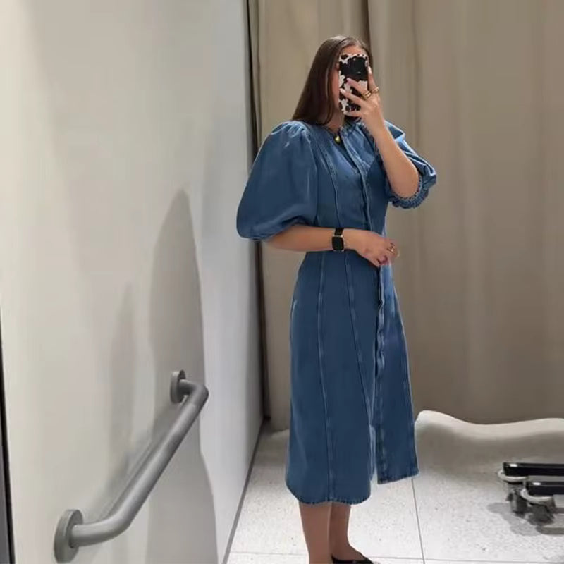 Casual Puff Short Sleeve O-neck Covered Button Fit A-line Midi Dress