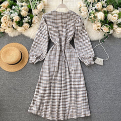 Casual Puff Sleeve A-Line Vintage Plaid Midi Long Dress