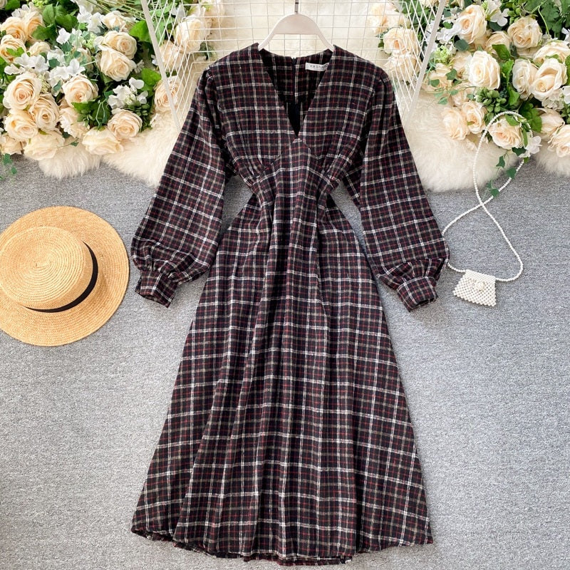 Casual Puff Sleeve A-Line Vintage Plaid Midi Long Dress