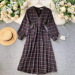 Casual Puff Sleeve A-Line Vintage Plaid Midi Long Dress