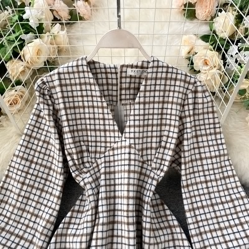 Casual Puff Sleeve A-Line Vintage Plaid Midi Long Dress