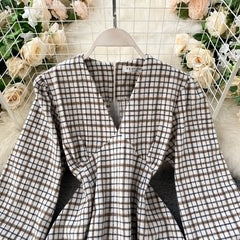 Casual Puff Sleeve A-Line Vintage Plaid Midi Long Dress