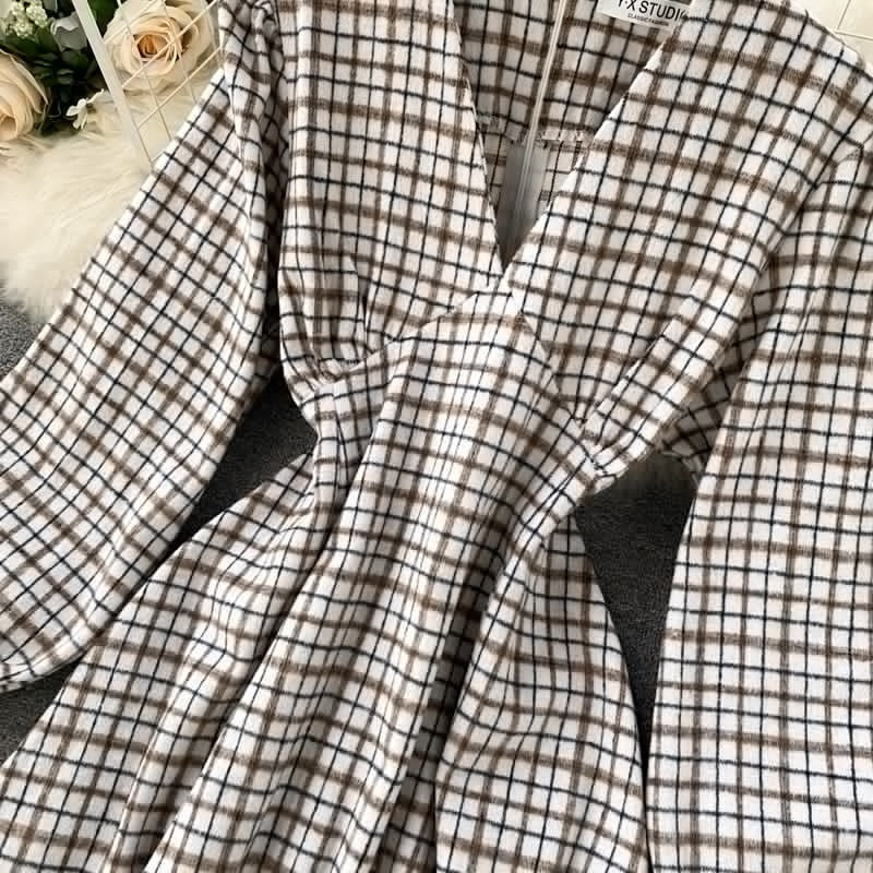 Casual Puff Sleeve A-Line Vintage Plaid Midi Long Dress
