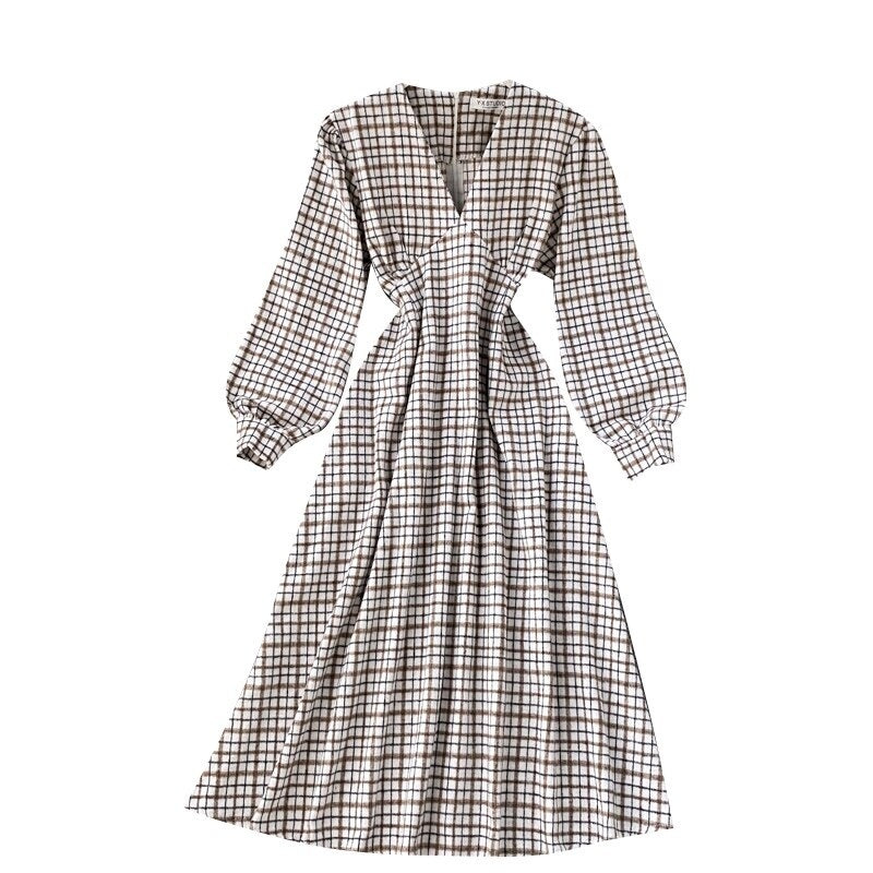 Casual Puff Sleeve A-Line Vintage Plaid Midi Long Dress