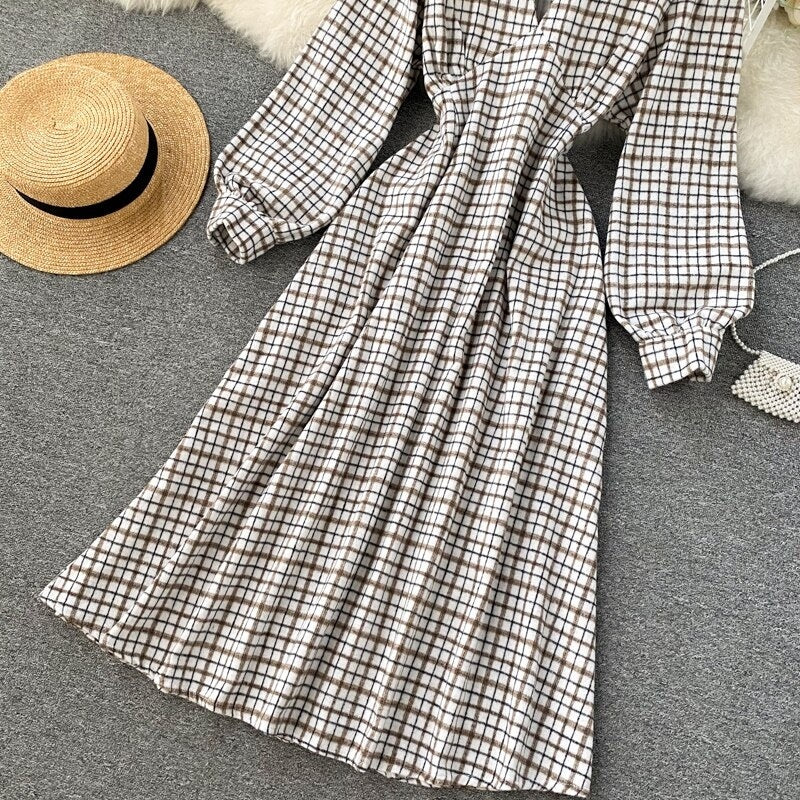 Casual Puff Sleeve A-Line Vintage Plaid Midi Long Dress