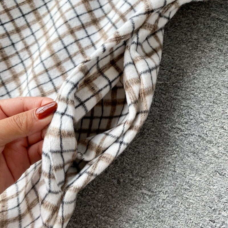Casual Puff Sleeve A-Line Vintage Plaid Midi Long Dress