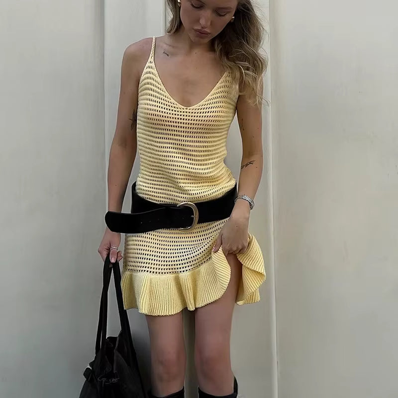Casual Pullover Ruffled Hollow Knitted Elastic Waist Mini Dress