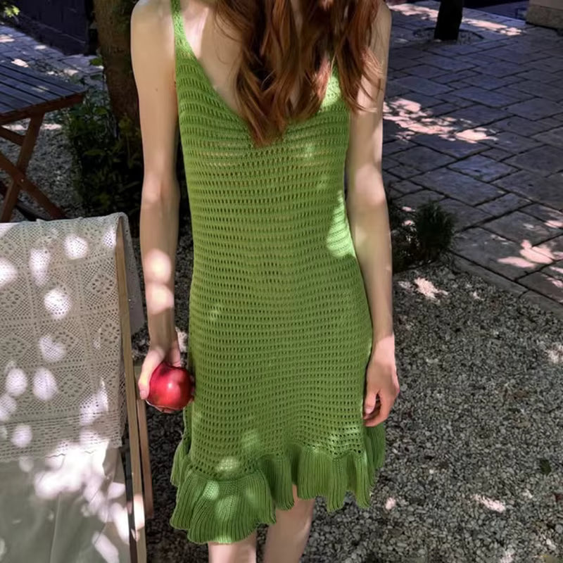 Casual Pullover Ruffled Hollow Knitted Elastic Waist Mini Dress