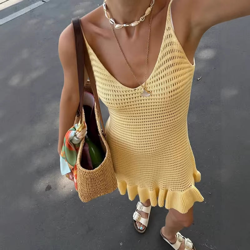 Casual Pullover Ruffled Hollow Knitted Elastic Waist Mini Dress