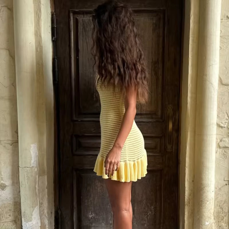 Casual Pullover Ruffled Hollow Knitted Elastic Waist Mini Dress