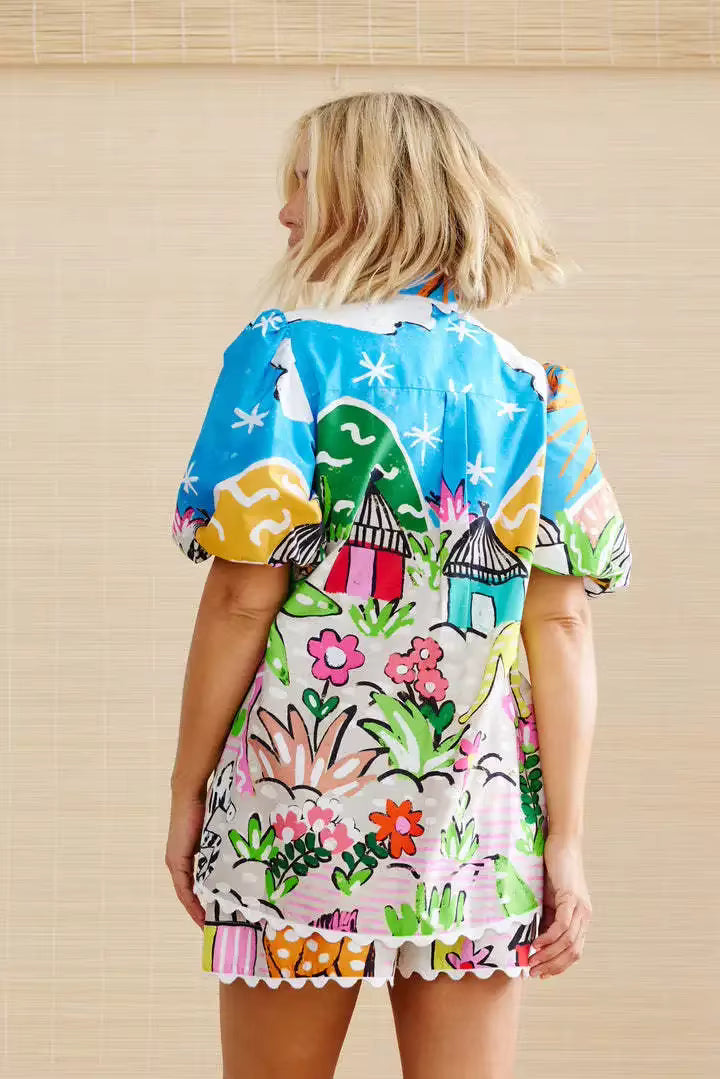 Casual Pullover Turn-down Collar Loose Waist Printed 2 Piece Set