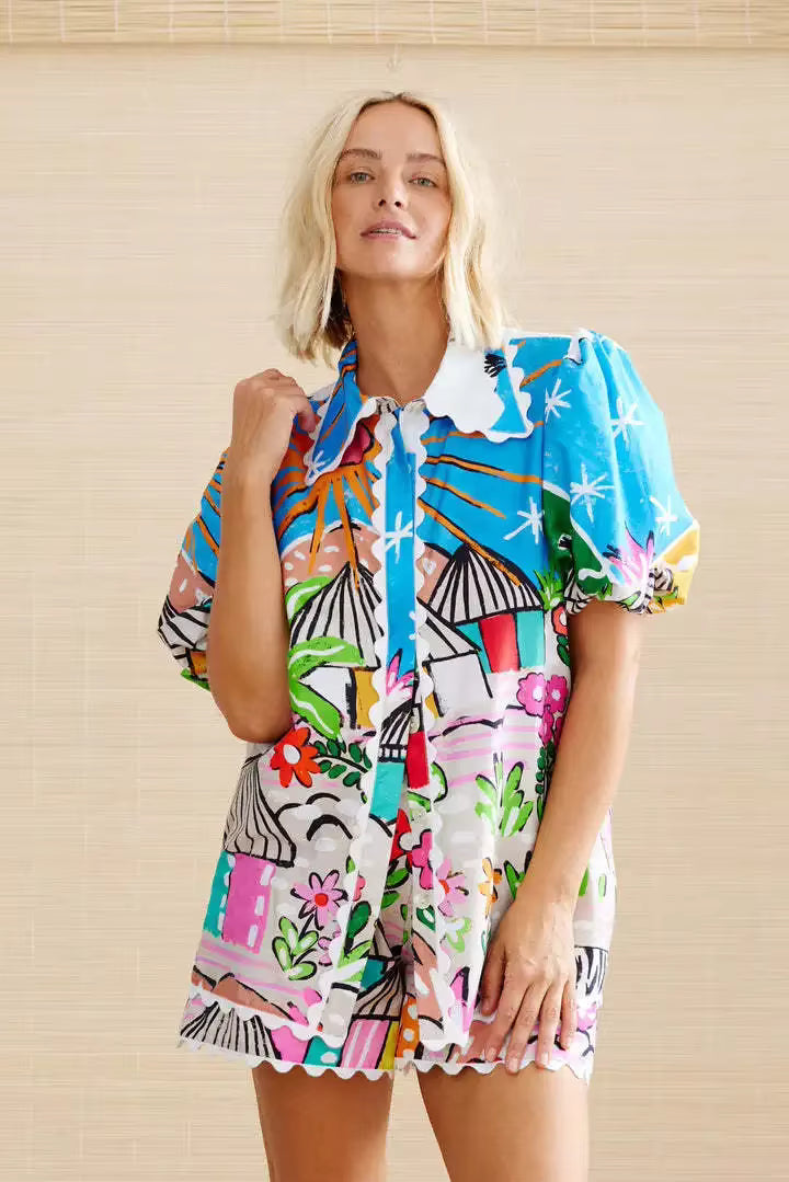 Casual Pullover Turn-down Collar Loose Waist Printed 2 Piece Set