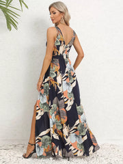 Casual Resort Style Printed V-Neck Sleeveless Belted High Slit Maxi Dress