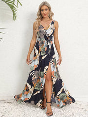 Casual Resort Style Printed V-Neck Sleeveless Belted High Slit Maxi Dress