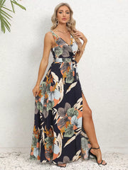 Casual Resort Style Printed V-Neck Sleeveless Belted High Slit Maxi Dress