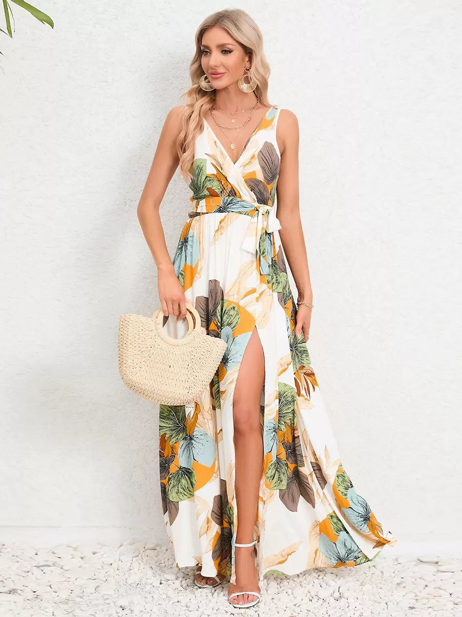 Casual Resort Style Printed V-Neck Sleeveless Belted High Slit Maxi Dress