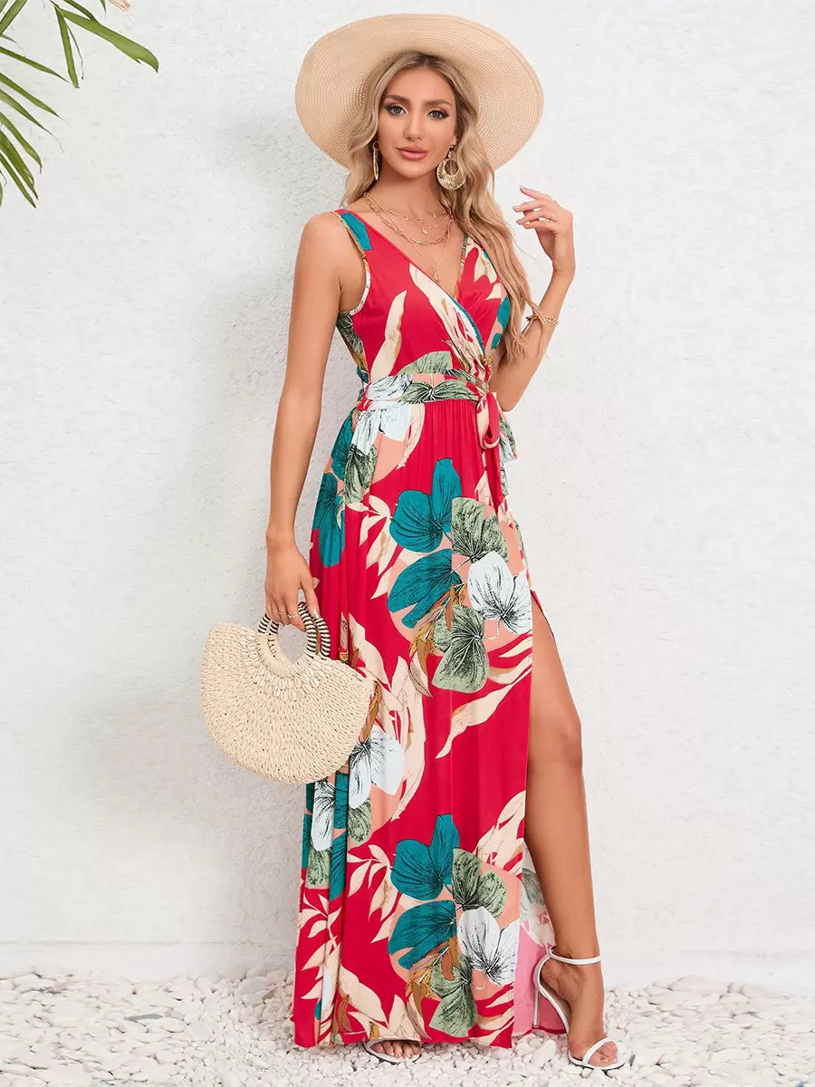 Casual Resort Style Printed V-Neck Sleeveless Belted High Slit Maxi Dress