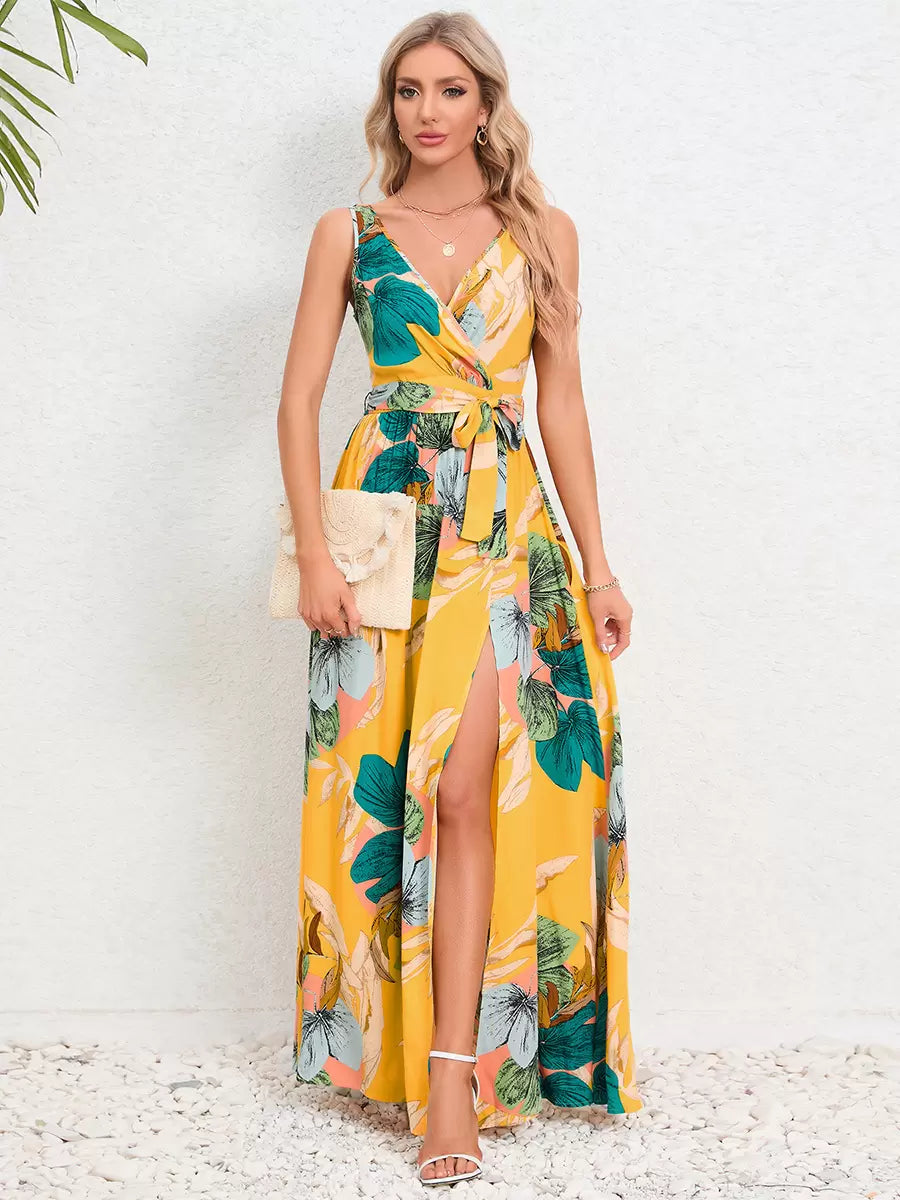 Casual Resort Style Printed V-Neck Sleeveless Belted High Slit Maxi Dress