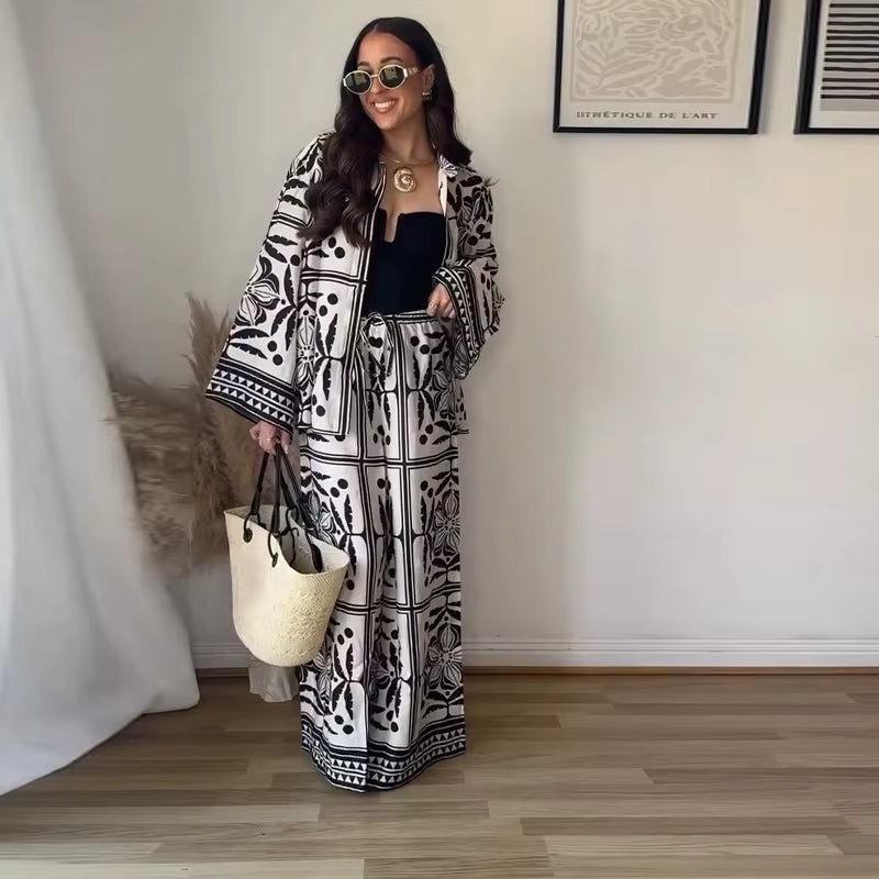 Casual Retro Print Cardigan Loose Pants Long Sleeve Lapel Button Shirt Wide Leg Drawstring Trousers Two Piece Set