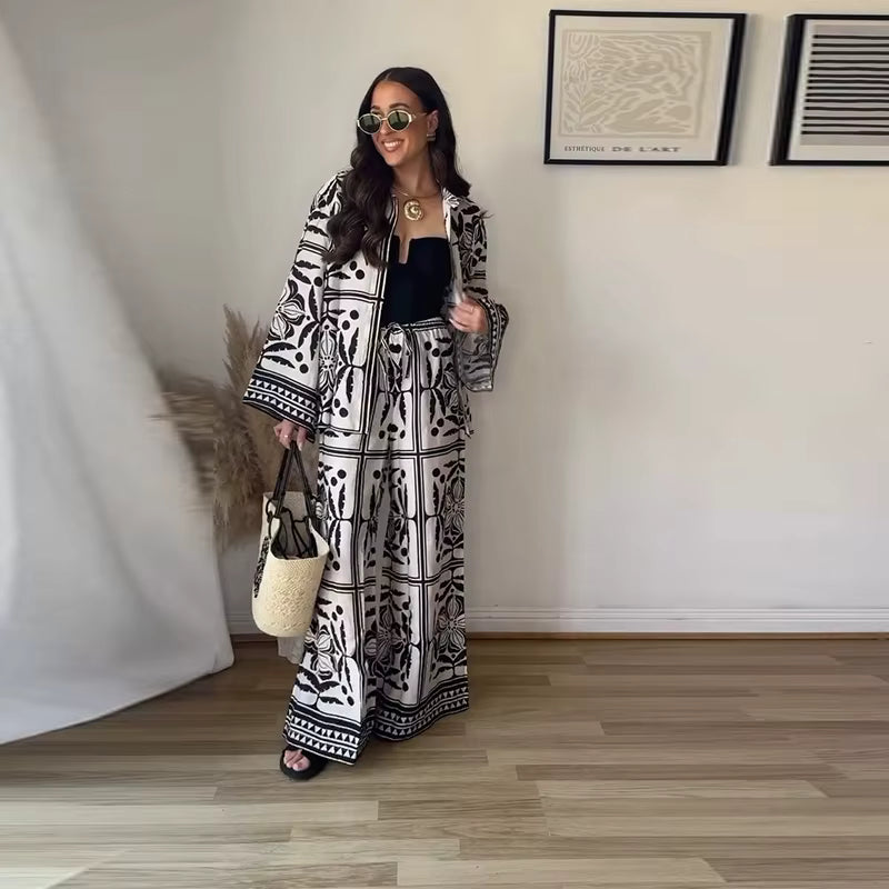 Casual Retro Print Cardigan Loose Pants Long Sleeve Lapel Button Shirt Wide Leg Drawstring Trousers Two Piece Set