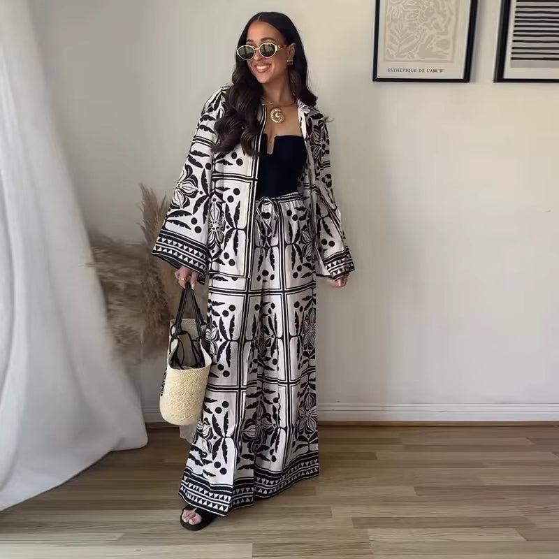 Casual Retro Print Cardigan Loose Pants Long Sleeve Lapel Button Shirt Wide Leg Drawstring Trousers Two Piece Set