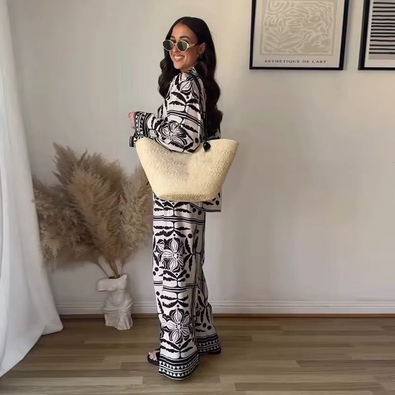 Casual Retro Print Cardigan Loose Pants Long Sleeve Lapel Button Shirt Wide Leg Drawstring Trousers Two Piece Set