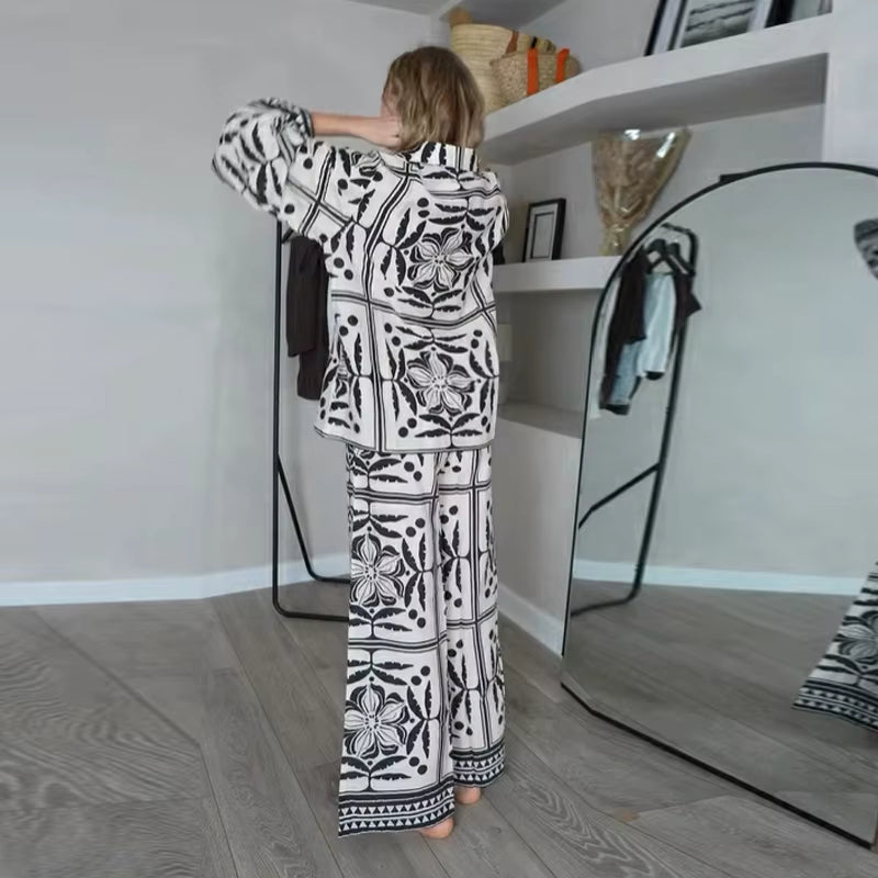 Casual Retro Print Cardigan Loose Pants Long Sleeve Lapel Button Shirt Wide Leg Drawstring Trousers Two Piece Set