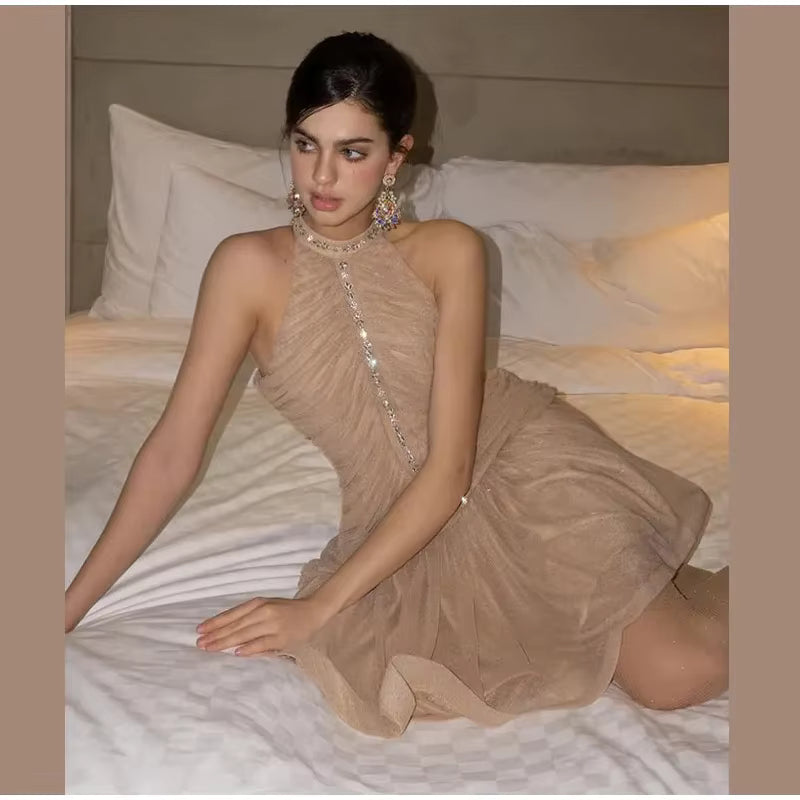 Casual Rhinestone Halter Pleat Sleeveless Zipper Slim Ruffles Mini Dress