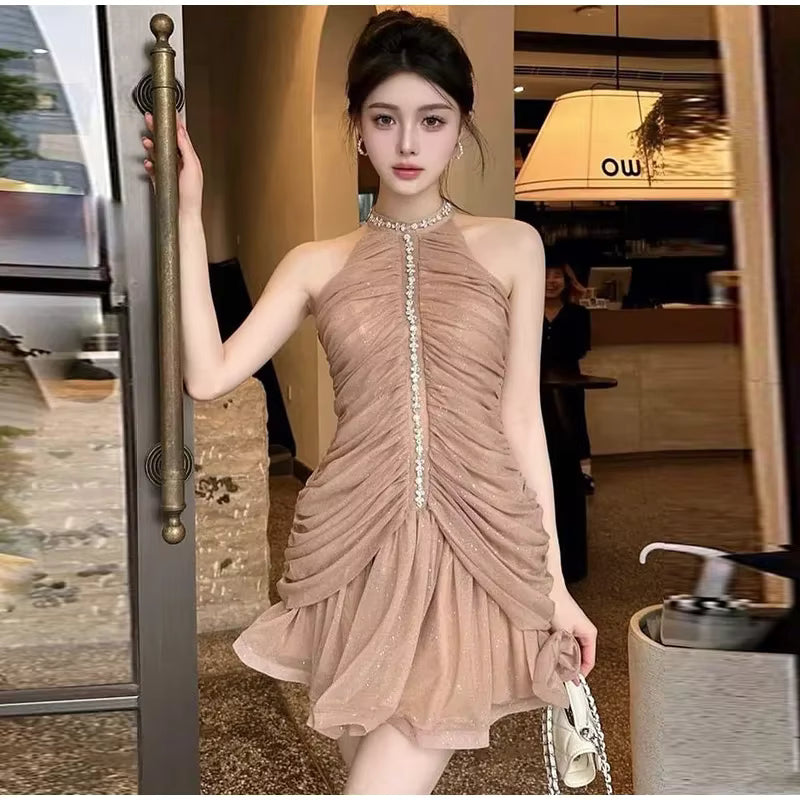 Casual Rhinestone Halter Pleat Sleeveless Zipper Slim Ruffles Mini Dress