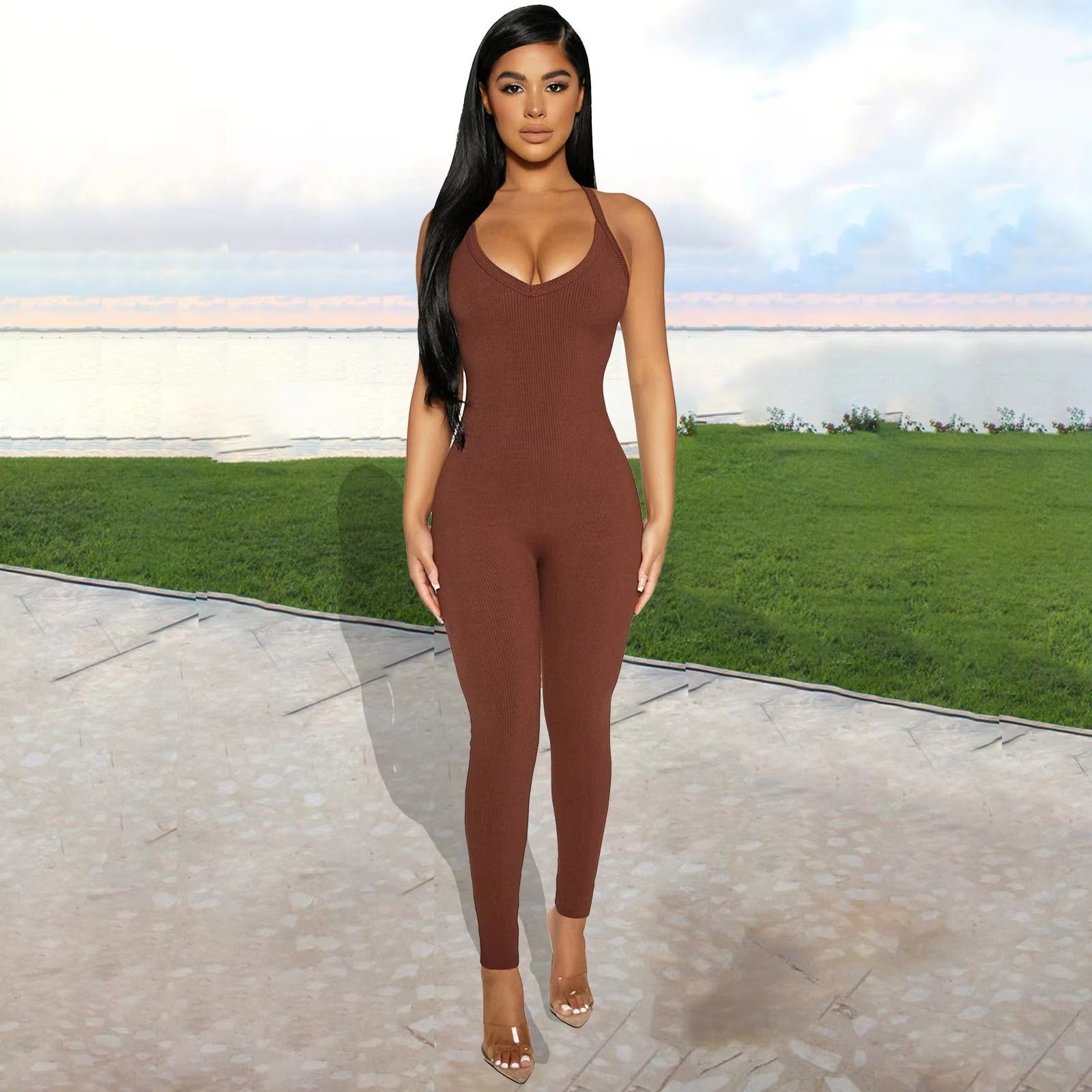 Casual Ribbed Backless Rompers Jumpsuit One Piece Outfits