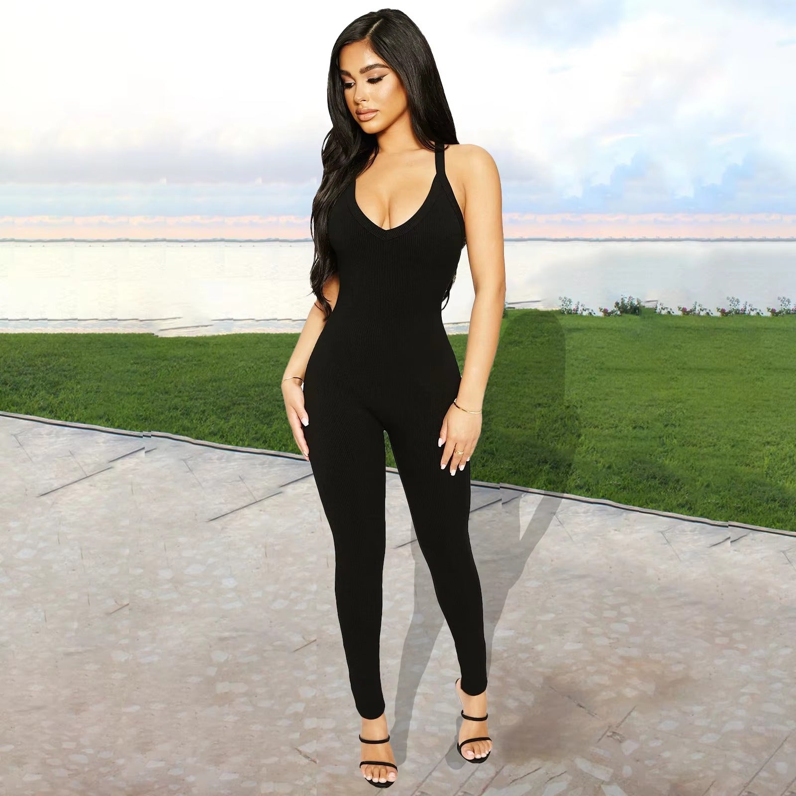 Casual Ribbed Backless Rompers Jumpsuit One Piece Outfits