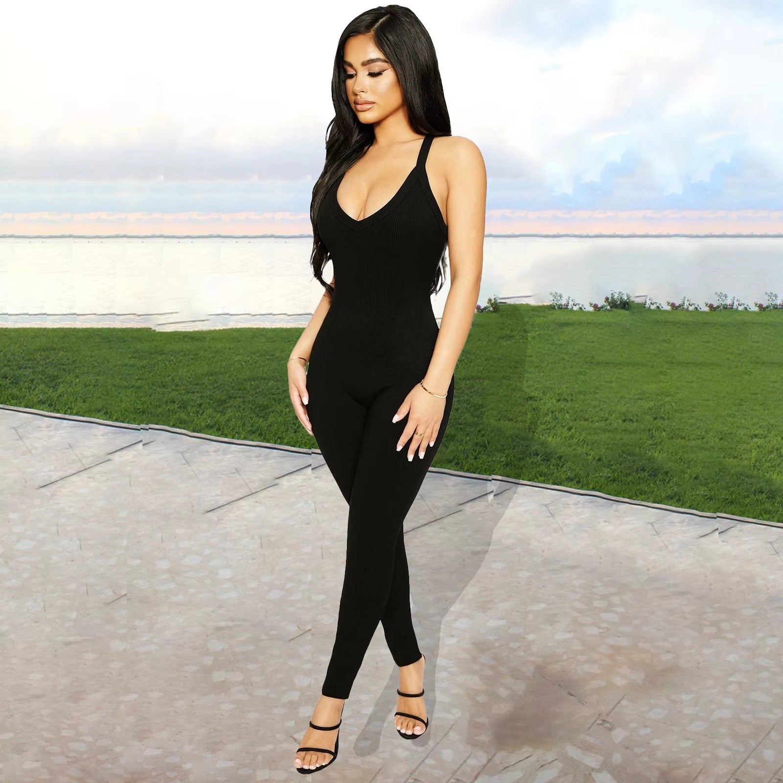 Casual Ribbed Backless Rompers Jumpsuit One Piece Outfits