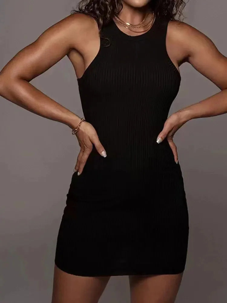 Casual Ribbed Bodycon Sleeveless Vest Solid Color Tight Fitting Mini Dress
