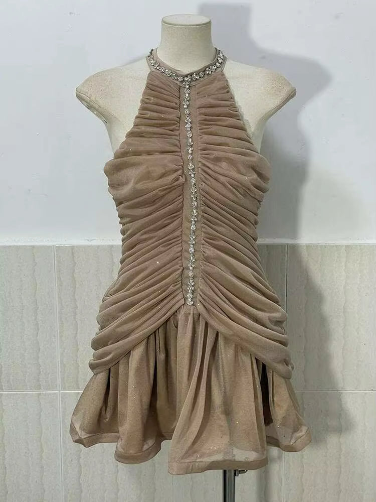 Casual Round Collar Sleeveless Waist Retraction Diamond Folds Zipper Slim Mini Dresses