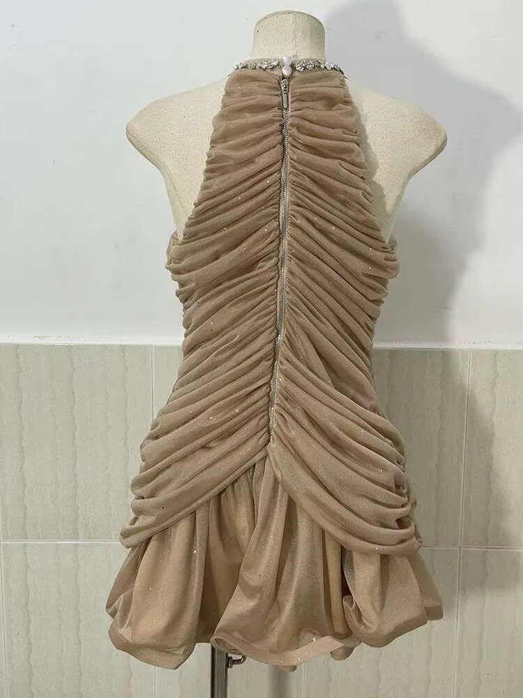 Casual Round Collar Sleeveless Waist Retraction Diamond Folds Zipper Slim Mini Dresses
