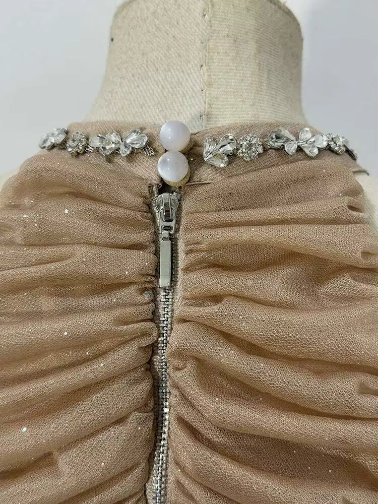 Casual Round Collar Sleeveless Waist Retraction Diamond Folds Zipper Slim Mini Dresses