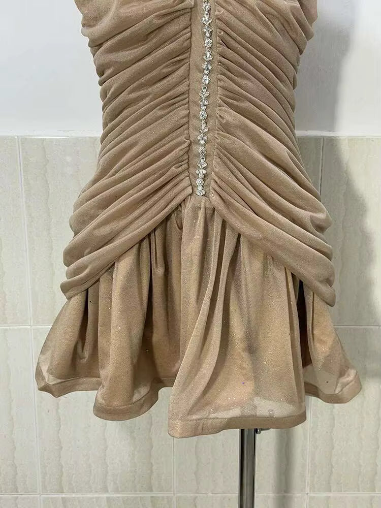 Casual Round Collar Sleeveless Waist Retraction Diamond Folds Zipper Slim Mini Dresses