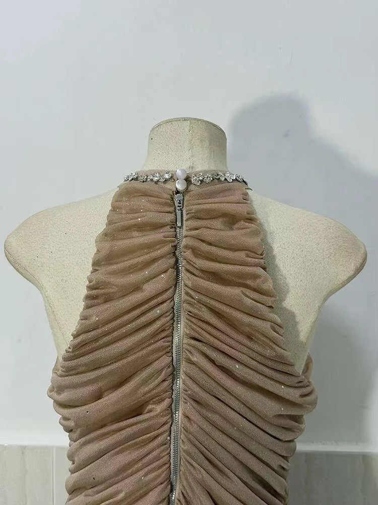 Casual Round Collar Sleeveless Waist Retraction Diamond Folds Zipper Slim Mini Dresses