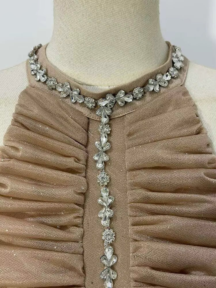 Casual Round Collar Sleeveless Waist Retraction Diamond Folds Zipper Slim Mini Dresses