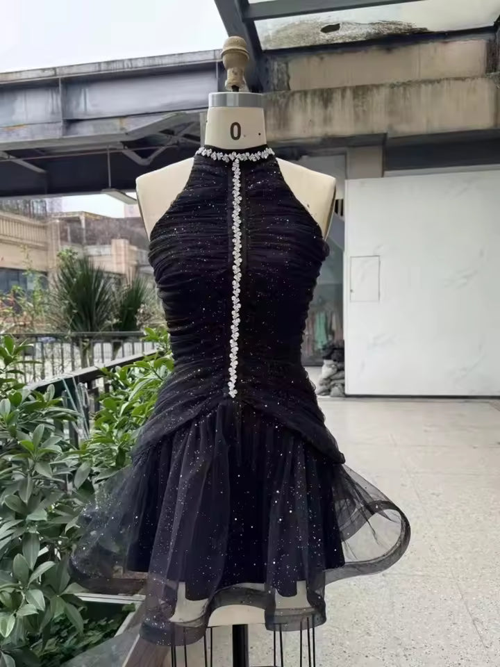 Casual Round Collar Sleeveless Waist Retraction Diamond Folds Zipper Slim Mini Dresses