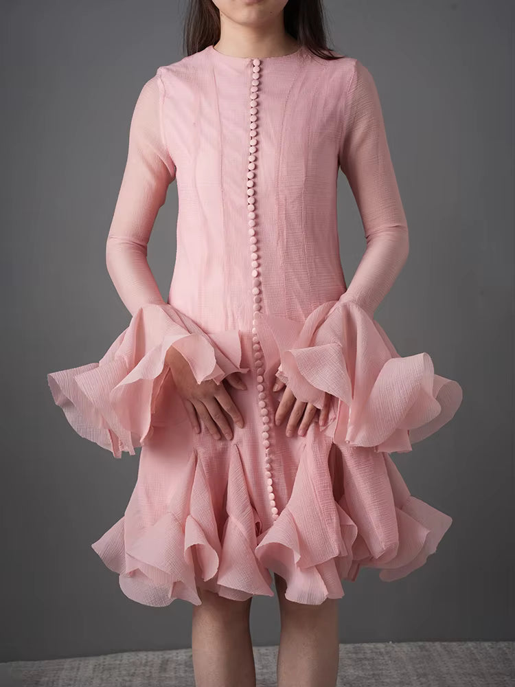 Casual Round Neck Button Flare Sleeves Ruffles Mid-calf