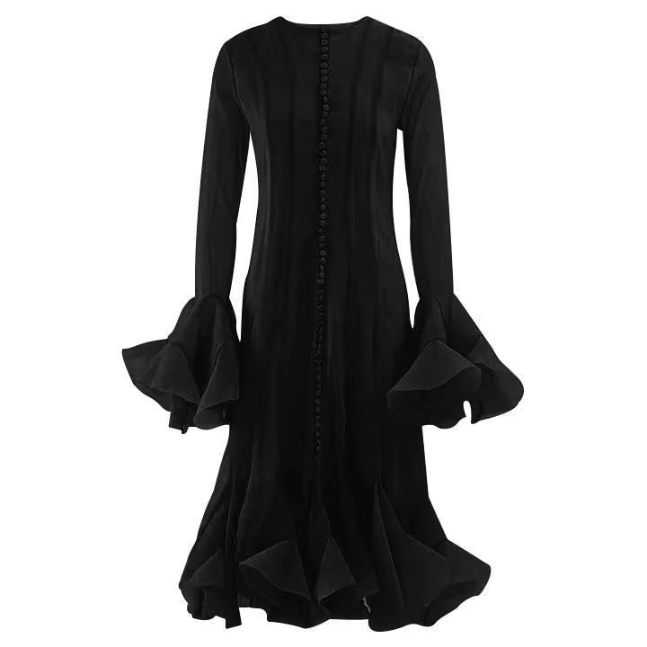 Casual Round Neck Button Flare Sleeves Ruffles Mid-calf